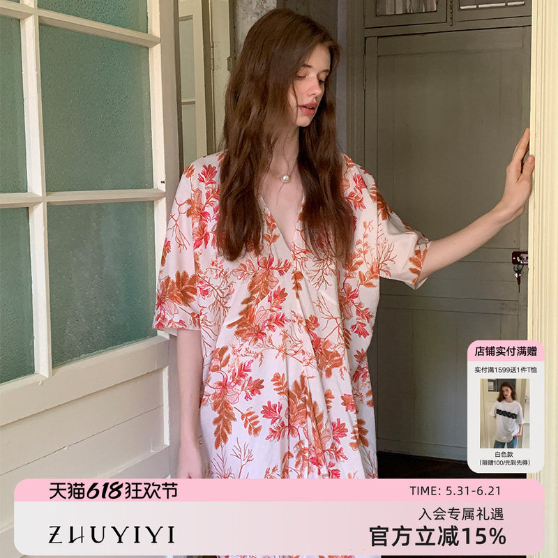 竹依依法式原创橘粉/黄色亚麻印花连衣裙女宽松显瘦慵懒风长裙子