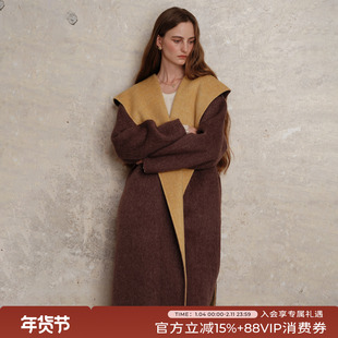 竹依依栗棕色连帽手工双面毛呢大衣女冬绵羊毛桑蚕丝中长款外套