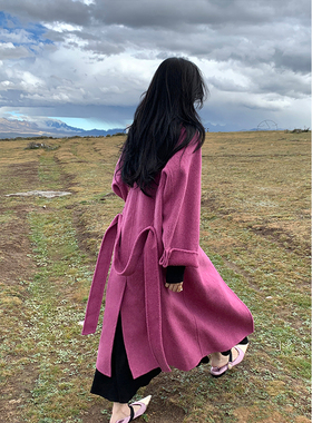 竹依依玫红色双面羊绒大衣女春季高级感过膝中长款全羊毛呢外套