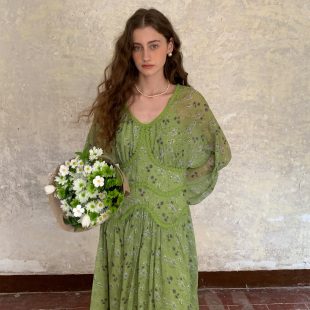 竹依依新款 连衣裙女收腰显瘦原创设计长裙高级感 印花宽松绿色长袖