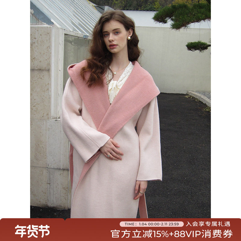 竹依依粉色双面羊绒大衣女2025新款宽松长款斗篷连帽毛呢外套冬,女装/女士精品,毛呢外套,淘宝优惠券,粉丝福利购,淘宝优惠卷