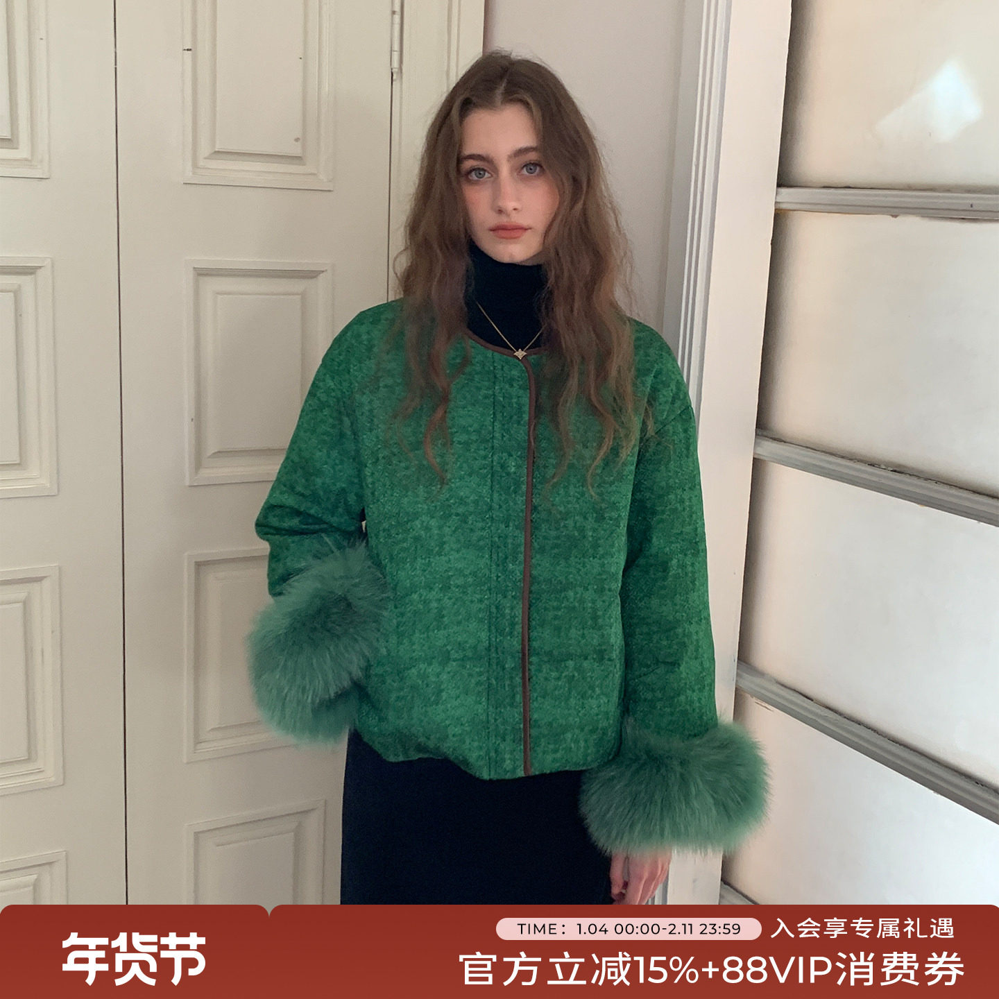 竹依依 新款鹅绒冬季绿色冬季羽绒服女款短款设计感修身显瘦