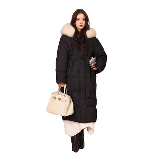 竹依依钻闪连帽长款2025黑色羽绒服女大毛领90白鹅绒