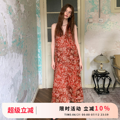 复古红色苎麻印花挂脖连衣裙长裙
