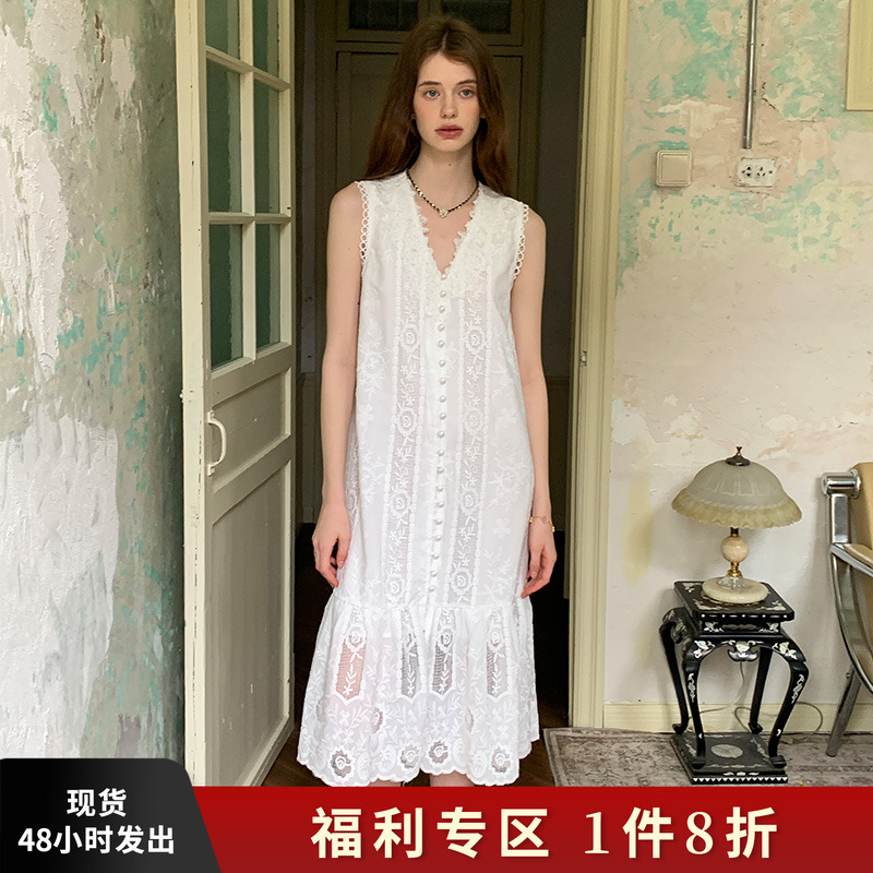 白色蕾丝镂空无袖连衣裙女长裙子