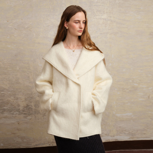 竹依依白色山羊绒澳毛双面呢毛呢大衣女冬大翻领气质风短款外套