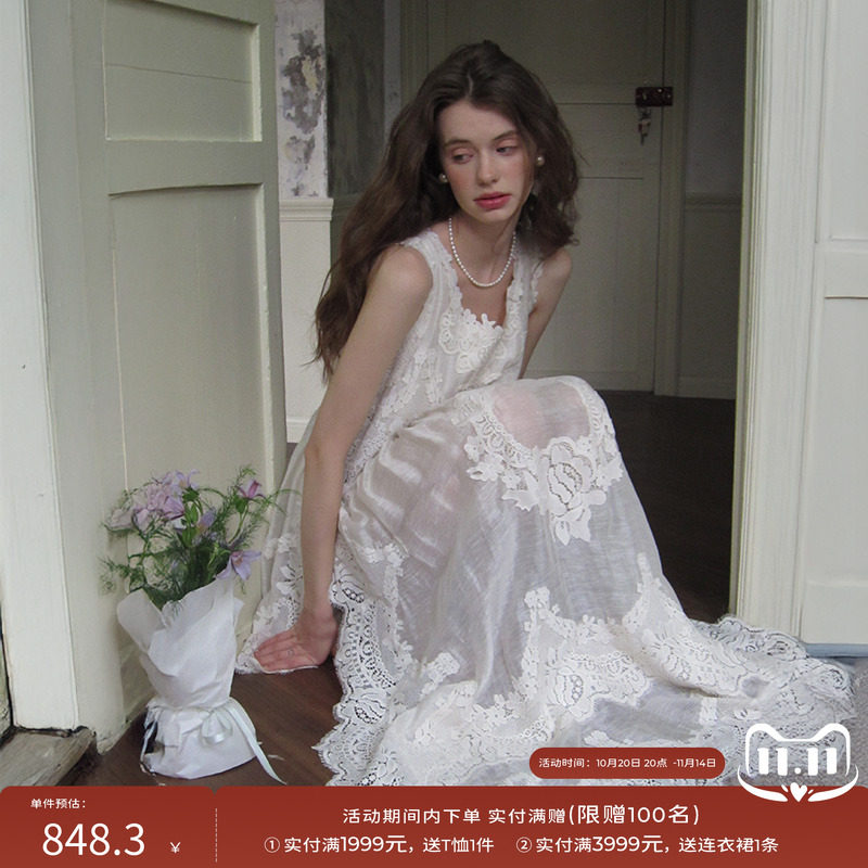 竹依依原创设计法式修身米白色连衣裙女蕾丝刺绣镂空感复古长裙子