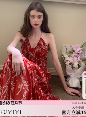 竹依依法式热烈红色花卉挂脖细吊带连衣裙女夏性感露背度假长裙