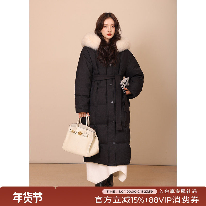 竹依依钻闪连帽长款2025黑色羽绒服女大毛领90白鹅绒