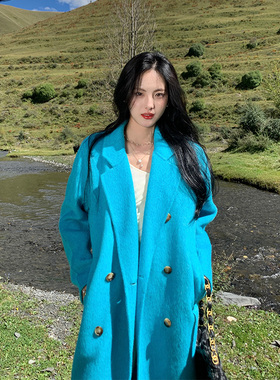 竹依依 高端原创松石绿双面羊绒大衣女春季中长款蚕丝羊毛呢外套