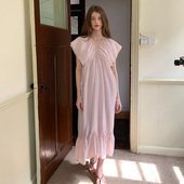 连衣裙女夏粉色均码 竹依依法式 复古少女娃娃领荷叶袖 宽松慵懒长裙