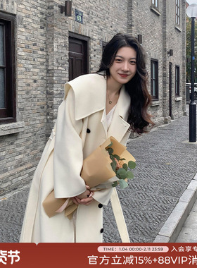 竹依依宽松系带温柔白色双面羊绒大衣女毛呢外套高级感