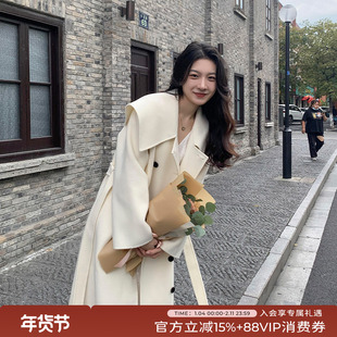 竹依依宽松系带温柔白色双面羊绒大衣女毛呢外套高级感