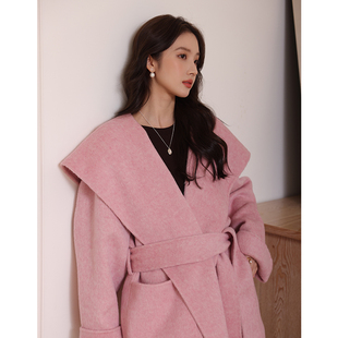 竹依依 高端大翻领粉色双面羊绒大衣女春季短款羊毛呢外套小个子