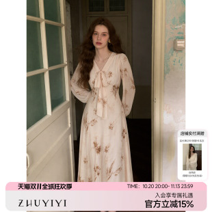 竹依依气质超仙连衣裙v领温柔风碎花裙秋季长袖仙女裙收腰长裙子