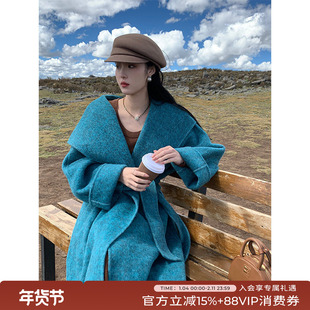 竹依依高端孔雀蓝色连帽双面羊绒大衣女长款2025冬新款羊毛呢外套