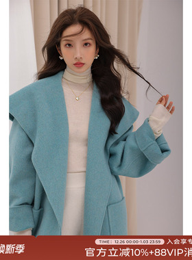 竹依依竹依依 海军领双面呢大衣女春季加厚中长款羊毛呢斗篷外套