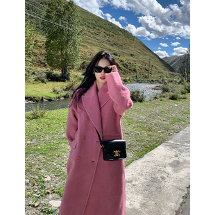 竹依依红粉色双面羊绒大衣女春季过膝中长款韩系高级感毛呢外套