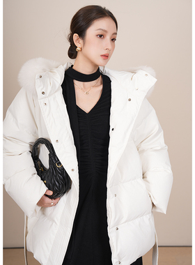 竹依依白色狐狸大毛领短款羽绒服女冬2025新款小个子加厚90白鹅绒
