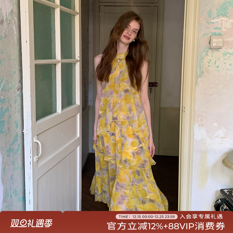印花无袖连衣裙姜黄色层次感长裙