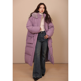 紫色超大毛领长款羽绒服女90白鹅绒服