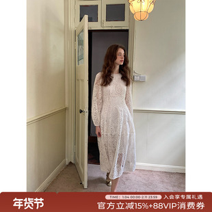 竹依依法式气质长袖秋冬薄纱连衣裙女收腰中长款蕾丝镂空A字裙