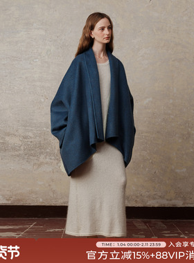竹依依新款湖蓝/草绿色绵羊毛骆驼绒斗篷披肩双面呢毛呢大衣女冬