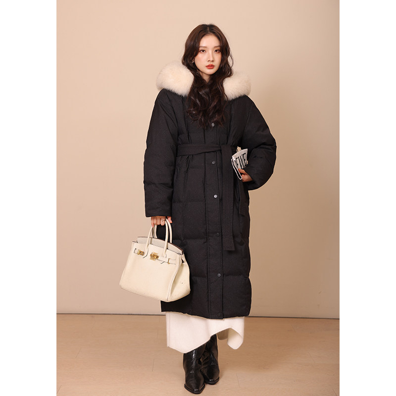 竹依依钻闪连帽长款2025黑色羽绒服女大毛领90白鹅绒