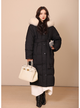 竹依依钻闪连帽长款2025黑色羽绒服女大毛领90白鹅绒