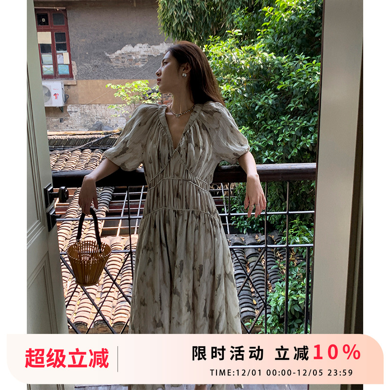 法式优雅灰绿碎花连衣裙