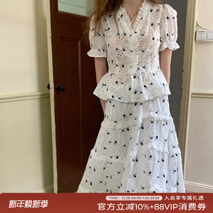 半身裙套装 衬衫 女 白色波点碎花甜美镂空印花短袖 竹依依原创法式