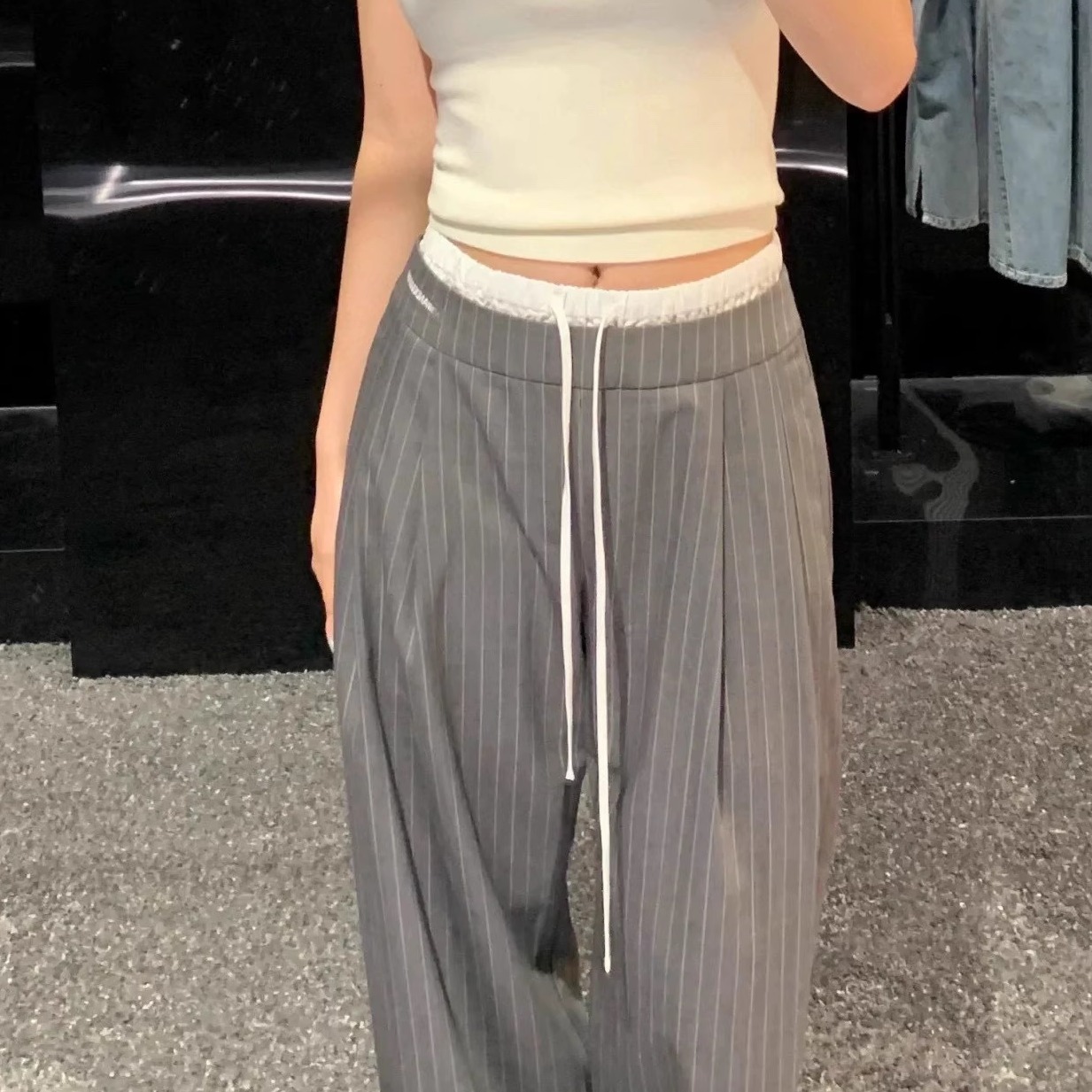 jennie同款ANN设计感双腰竖条纹撞色休闲裤百搭长裤女24早秋新品