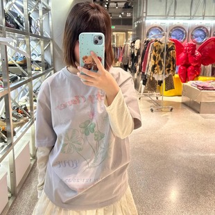 亲妈短句~设计师品牌25夏季款幸运草四叶草印花设计感复古休闲T恤