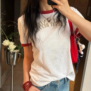 现货亲妈~短句2025早春新品设计师款撞色美式复古设计感字母T恤女