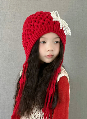 2025新款儿童帽子女孩秋冬女童毛线帽中大童针织帽护耳红色洋气潮