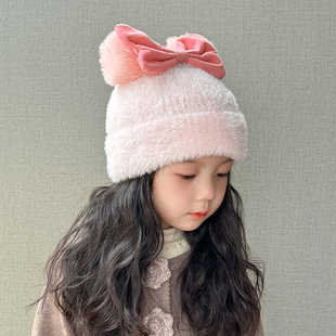 兔毛双球女童帽子秋冬季针织儿童毛绒帽可爱保暖女孩冬帽2025新款