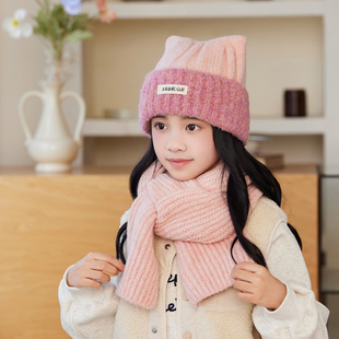 2025新款儿童冬季帽子毛线帽女童围巾两件套中大童保暖护耳帽女孩