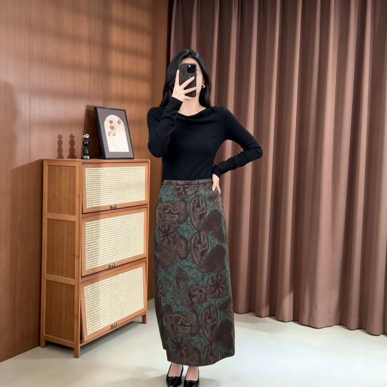 复古印花半身裙女中长款高腰显瘦气质半裙墨绿色