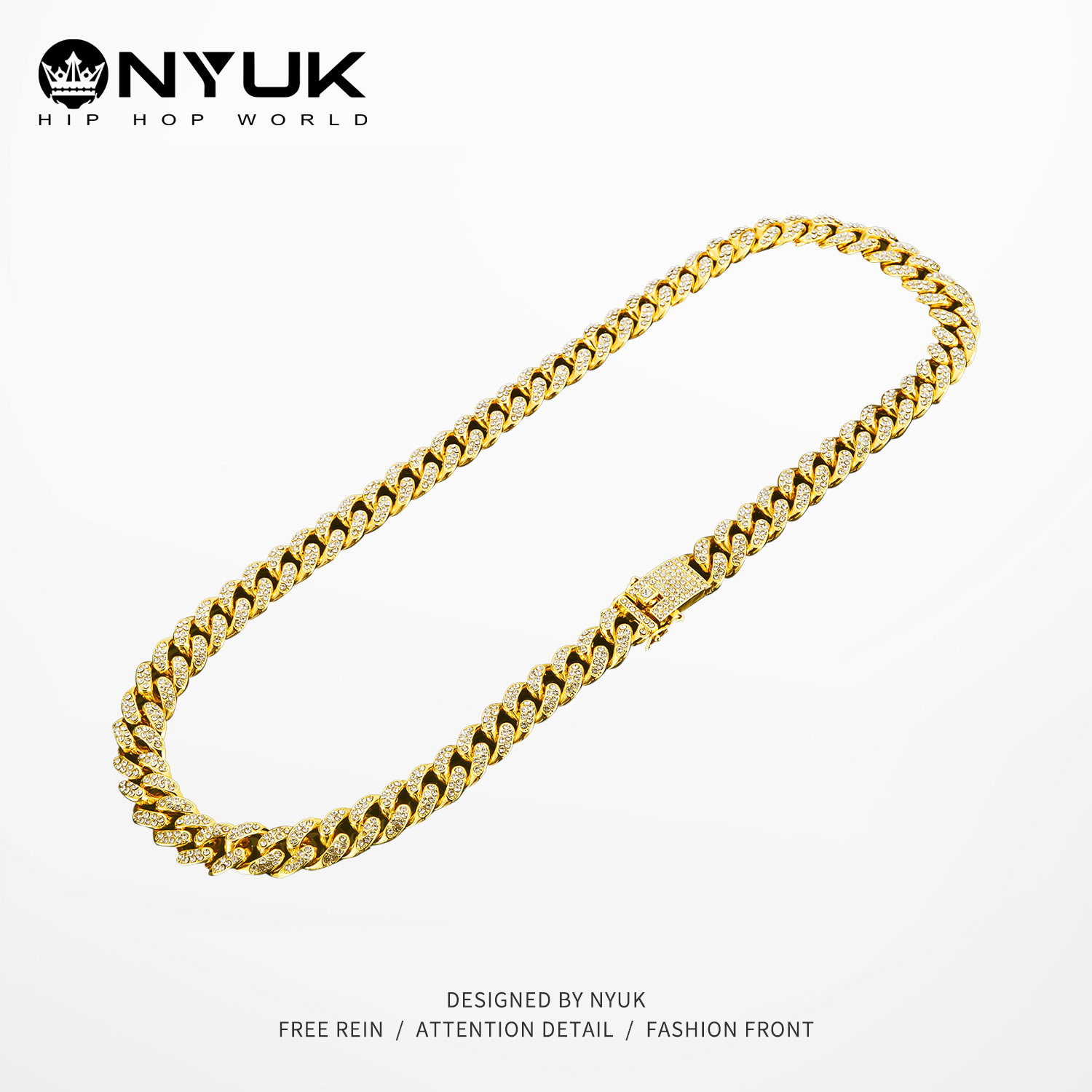NYUK流行明星款满钻古巴链蝴蝶保险扣大金链子男士项链嘻哈饰品