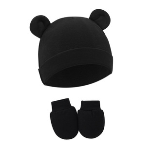 韩式简约风婴儿帽子手套脚套三件套新生儿防抓柔软舒适黑色