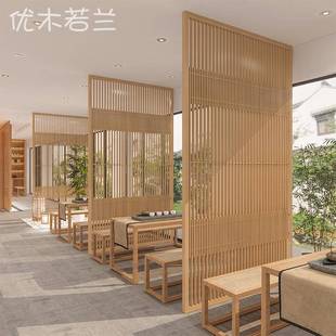 木质简约餐厅茶室办公装 屏风隔断客厅实木榫卯格栅中式 饰背景座屏