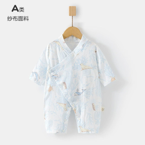婴儿连体衣夏季超薄透气天竹纱布新生儿宝宝夏装长袖哈衣爬服衣服