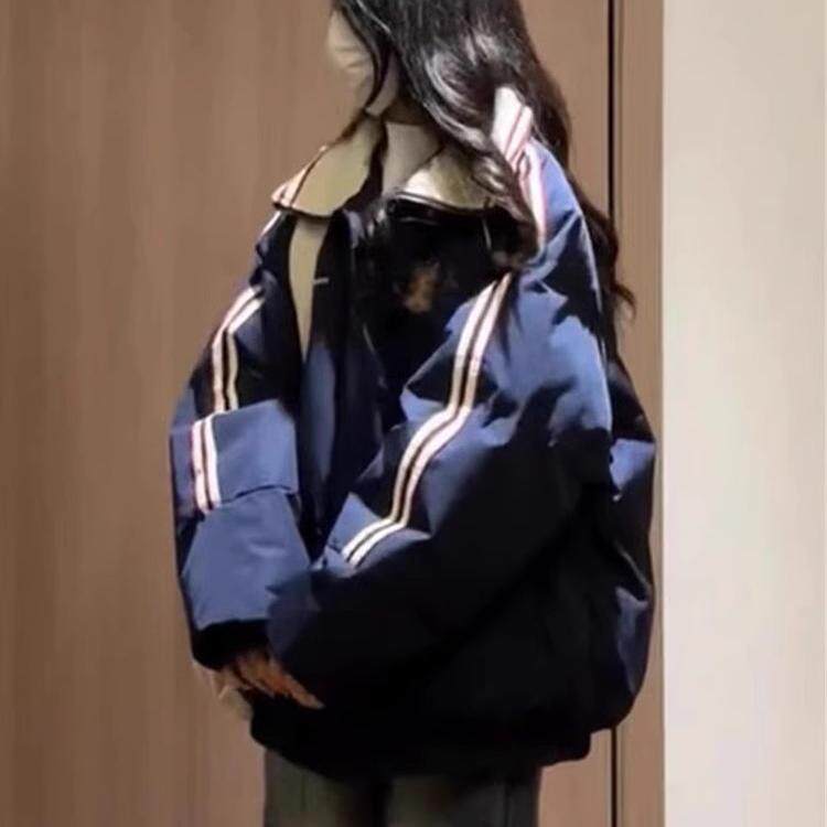 国潮牌复古藏青色棉服女大码宽松