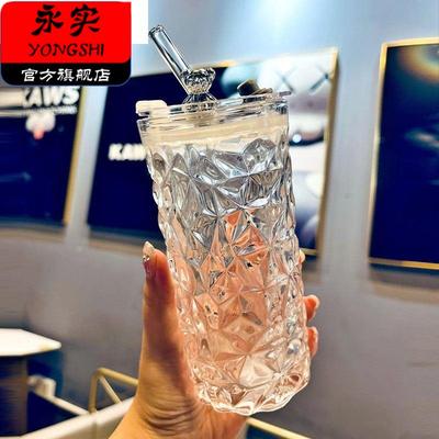 高颜值玻璃吸管水杯女新款家用2025办公室高级感带盖子2025女生杯