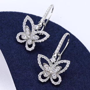 甜美新款 18K白金莫桑石满钻镂空双蝴蝶结耳扣轻奢百搭气质高级感