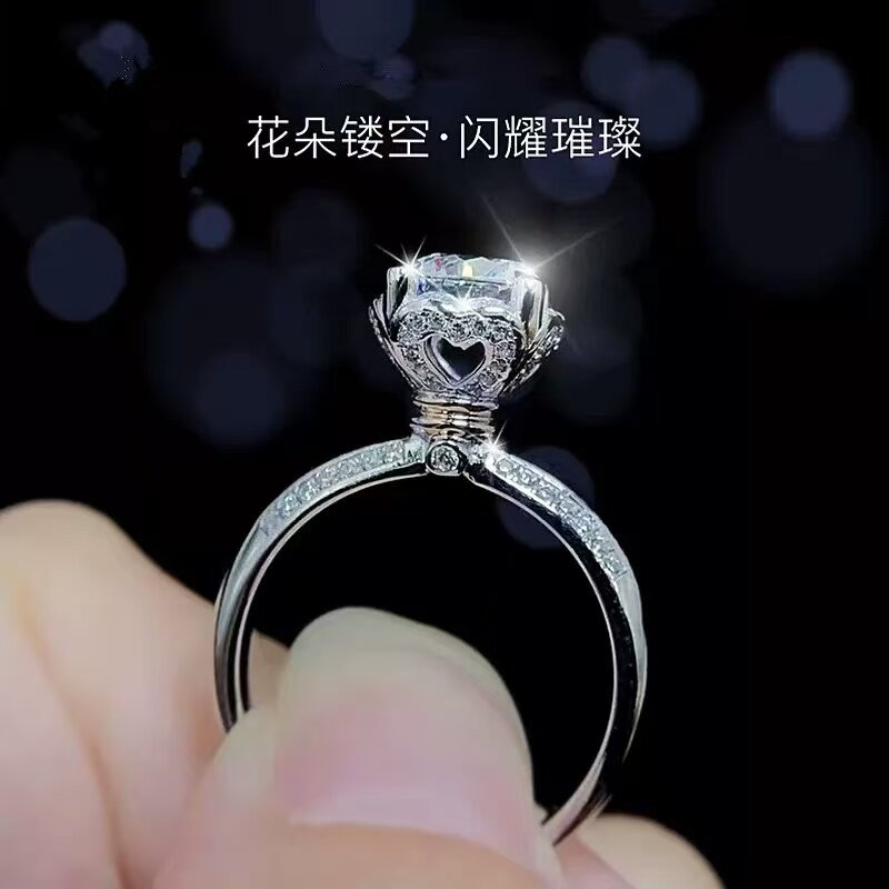 PT950铂金进口莫桑石花苞手捧花四爪18K白金玫瑰花戒指求婚礼物新
