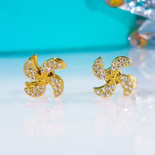 18K黄金色莫桑石旋转风车耳钉韩系简约女款小众四叶草新款百搭潮