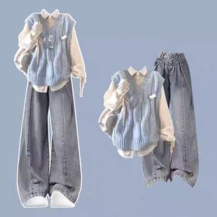 马甲初中学生好看时髦牛仔裤 洋气衬衫 三件套 2025新款 女童秋冬套装