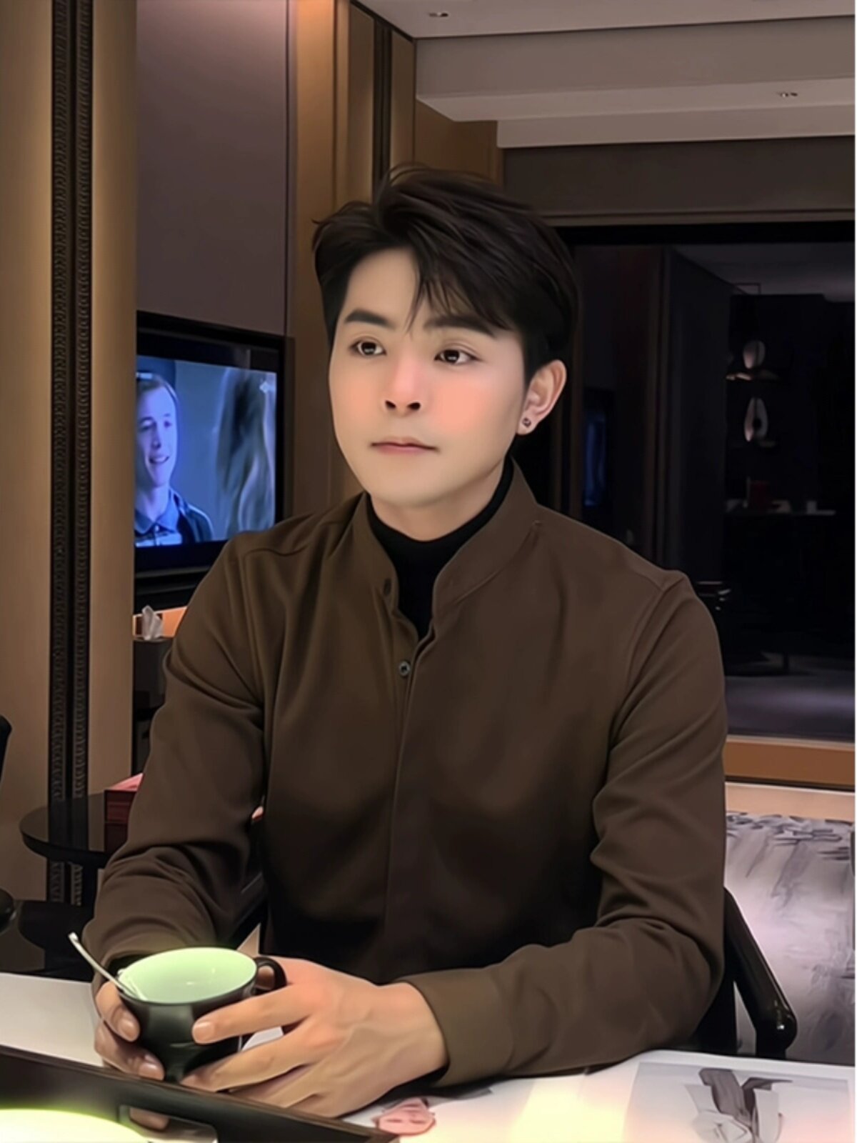 假两件中式立领衬衫男秋冬新款纯色针织保暖长袖轻奢帅气修身衬衣