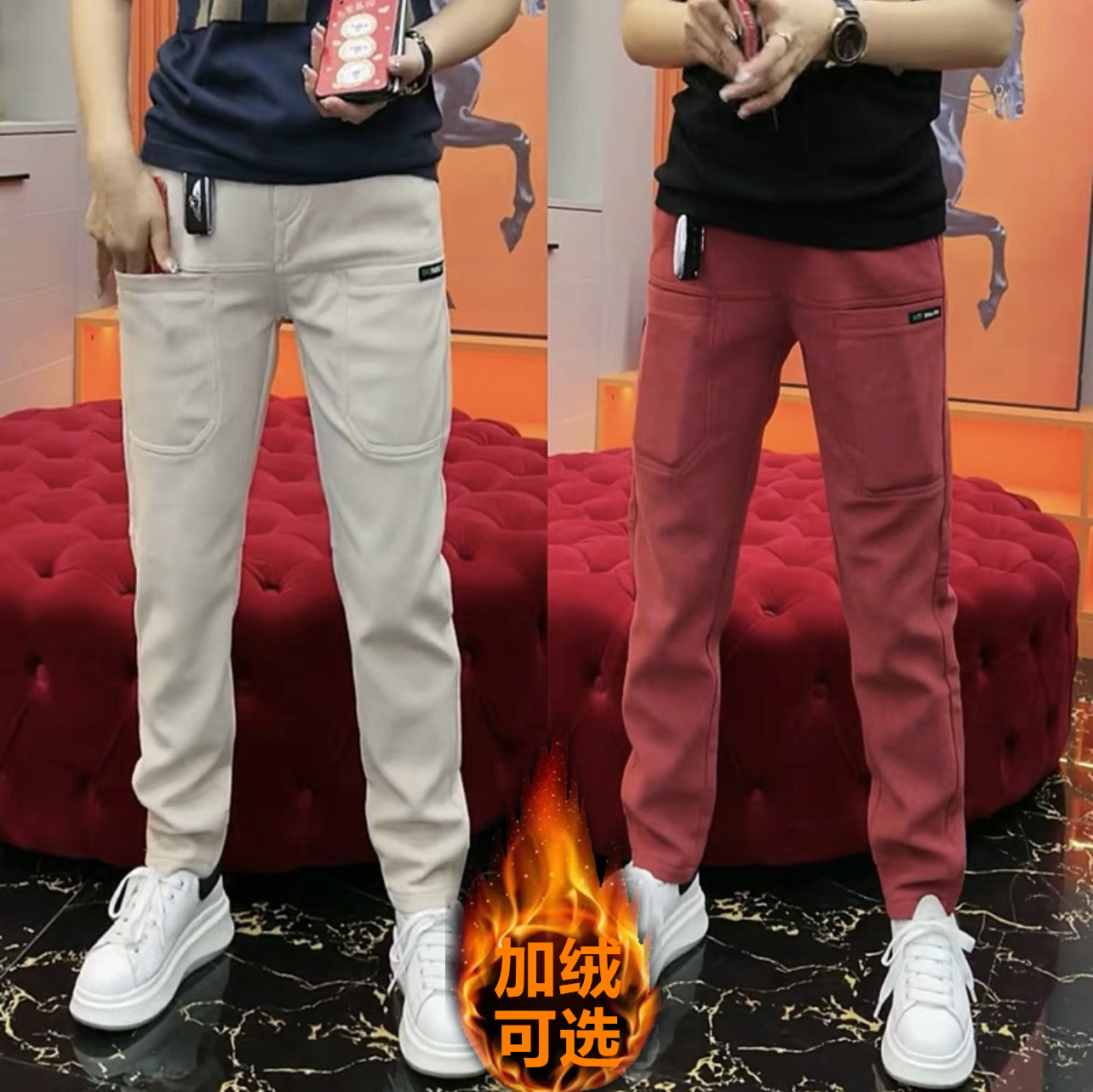 松原南姐冬新款男士六兜加绒纯色百搭休闲裤灯芯绒长裤条绒束口裤